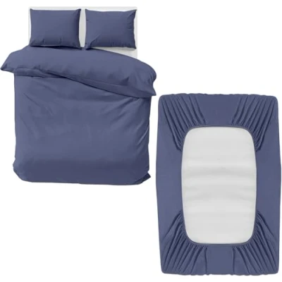Image of MOONLIGHT20015 Double Bedding Set 4 Piece Duvet Cover Fitted Sheet with Pillow cases Soft Brushed Microfiber sets Washed Blue