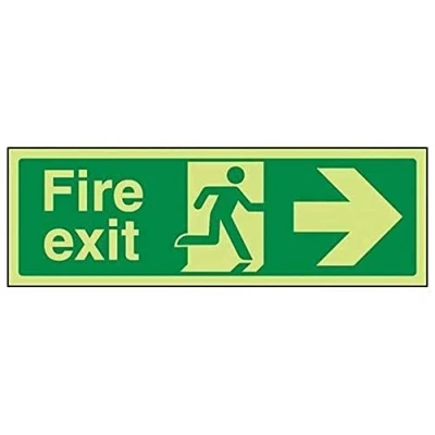 Image of V Safety Glow In The Dark Fire Exit Arrow Right Sign 450mm x 150mm Self Adhesive Vinyl