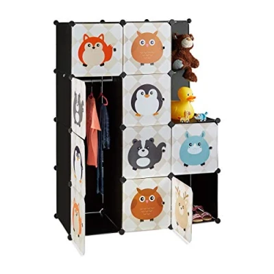 Image of Relaxdays Modular Kids Storage Shelf, Animal Themed Plug In Wardrobe System with Doors, Dresser Clothes Rail, Colourful