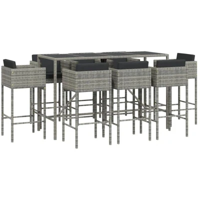 Image of Vidaxl 9 Piece Garden Bar Set with Cushions Grey Poly Rattan