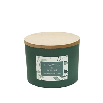 Image of Sleepdown Botanical Wooden Lidded 2 Wick Candle Jar Eucalyptus &amp; Jasmine 325g