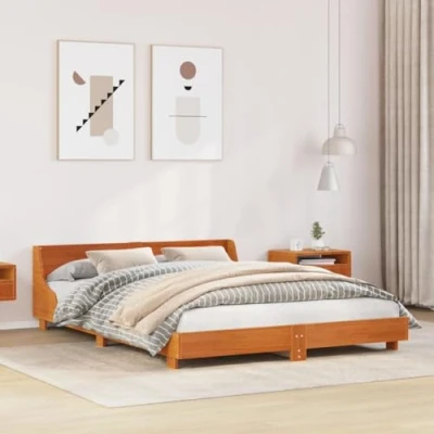 Image of vidaXL Double Wooden Bed Frame with Headboard Pine Wood, Wax Brown Modern 135 x 190 cm