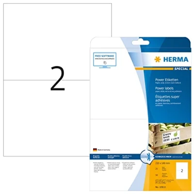 Image of HERMA Extra Strong Adhesive Labels, 2 Labels per A4 Sheet, 25 Sheets, 210 x 148 mm, 50 Blank Heavy Duty Stickers, Sticky for Laser &amp; Inkjet Printer, White