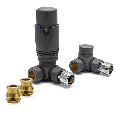 Image of Thermostatic TRV Corner Anthracite Radiator Valves 1/2&quot; x 15mm with Brass Reducer Compression Valve to 10mm