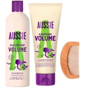 Image of Aussie Shampoo and Conditioner Volumising 2 Pack Bundle with 1x 250ml Volume Shampoo, 200ml &amp; Wooden Hair Comb Lift for Limp Flat