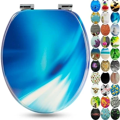 Image of Sanfino® Premium Toilet Seat with Soft Close Wooden Lid, Lots of Colourful and Decorative Designs, high Seating Comfort, Easy to Install Including Instructions &quot;Wave&quot;