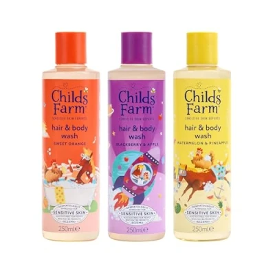 Image of Childs Farm Hair &amp; Body Wash Bundle Sweet Orange (250ml), Blackberry Apple (250ml) and Watermelon Pineapple Suitable for Newborns, Kids Adults with Sensitive, Dry Eczema Prone Skin