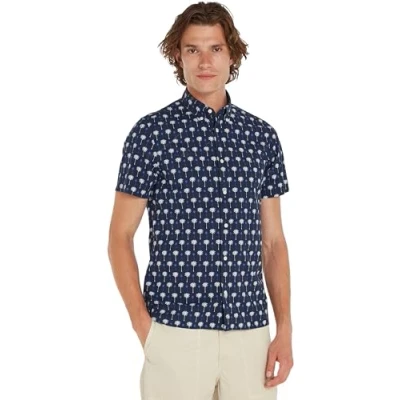 Image of Tommy Hilfiger Men&#039;s Mini Palm Print Sf Shirt S/S Mw0mw34582 Casual Shirts, Blue (Desert Sky/Multi), M