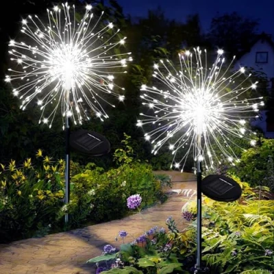 Image of Joycome Solar Garden Lights 2 Pack 120 LED Firework Outdoor Garden, 8 Modes Pathway Waterproof Dandelion for Patio FlowerBoxes Party Decorations White