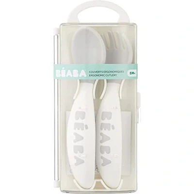Image of Béaba Set of 2 Learning Cutlery Ergonomic Year Age, from 8 Months Baby Friendly Suitable for Right and Left Handed Users Includes Transport Box Light Mist