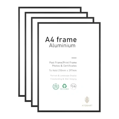 Image of A4 Photo Frame,4 Pack 21x30cm Black Aluminium Picture Frame,Certificate Frame for Wall Mount or Table Top Display,Set of 4