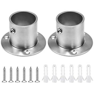 Image of 2Pcs Wardrobe Rail Support, 32mm Round Hanging Pole Tube Rod End Bracket, Stainless Steel Flange Socket Holder Adjustable with Screws for Closet Curtain (Silver)