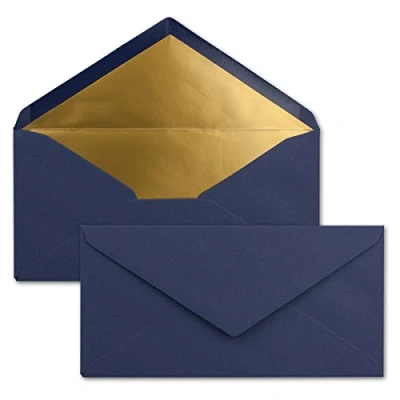 Image of NEUSER PAPIER 15 envelopes DIN long dark blue/midnight blue with gold metallic inner lining 110 x 220 mm wet glue festive for Christmas