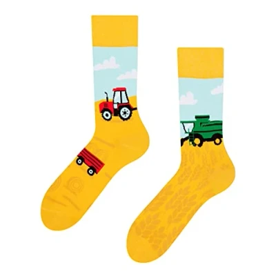Image of Dedoles Unisex Socks for Women, Men &amp; Kids Cotton Funny Designs Football Bicycle Horses Plants Firefighter Gift Mismatched, Design: Farmer&#039;s Tractor, Colour: Yellow, Size: 3 5 M / 2 4,5 W UK