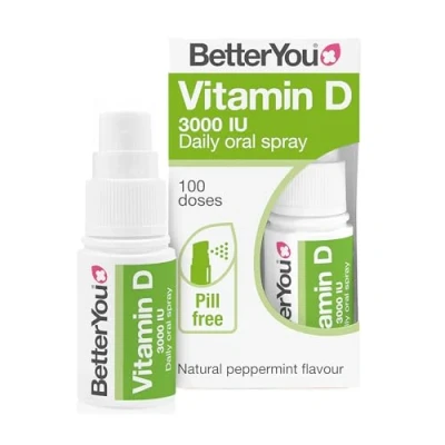 Image of BetterYou Vitamin D 3000 IU Daily Oral Spray, Pill free D3 Supplement, Supports Bones, Teeth and a Healthy Immune System, 3 month Supply, Made in the UK, Natural Peppermint Flavour
