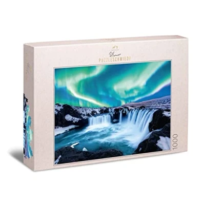 Image of Ulmer Puzzleschmiede the Elements of North Jigsaw Puzzle Impressive 1000 Pieces Nature At Godafoss Waterfall in Norway, polar lights meet rough rocks and icy water