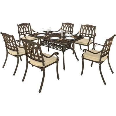 Image of Outsunny 7 Pieces Cast Aluminium Garden Dining Set, 6 Seater Table and Chairs with Parasol Hole, Outdoor Furniture Set Cushions for Patio, Bronze Tone