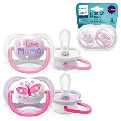 Image of Philips Avent Ultra Air Pacifier, for 0 6m, Orthodontic &amp; BPA , 2 pcs, Including Sterilizer/Carrying Case, SCF080/02, Pink and Purple