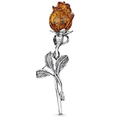 Image of Amberta 925 Sterling Silver with Baltic Amber Rose Brooch/Pin Colour Honey
