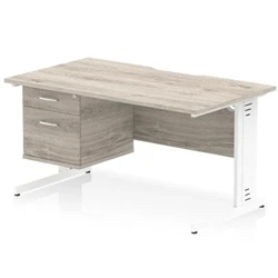 Image of Impulse 1400 x 800mm Scalloped Edge Office Desk Grey Oak Top White Cable Managed Leg Workstation 1 2 Drawer Fixed Pedestal