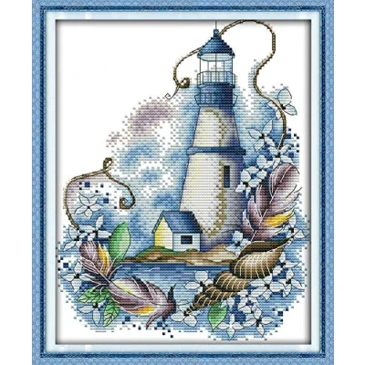 Image of Cross Stitch Kits, Awesocrafts Blue Lighthouse Easy Patterns Stitching Embroidery Kit Supplies Christmas, Counted (Lighthouse, Counted)