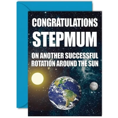 Image of Funny Birthday Cards for Step Mum Earth Rotation Joke Rude Card from Son Daughter, Humour 40th 50th 60th 70th 80th Bday A5 Mummy Mama Greeting