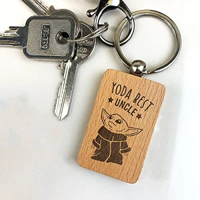 Image of eBuyGB Personalised Wooden Rectangle Keyring, Star Wars Themed Engraved Baby Yoda Keychain, Funny Gifts from Niece &amp; Nephew (Yoda Best Uncle)