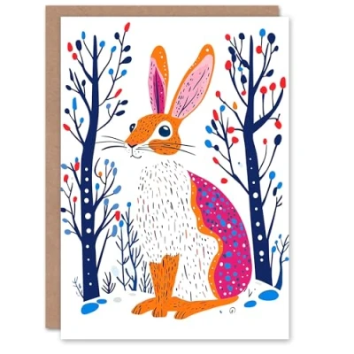 Image of Wee Blue Coo Greeting Card Hare Rabbit in Winter Landscape Modern Folk Art Blank For Him Or Her Xmas Christmas