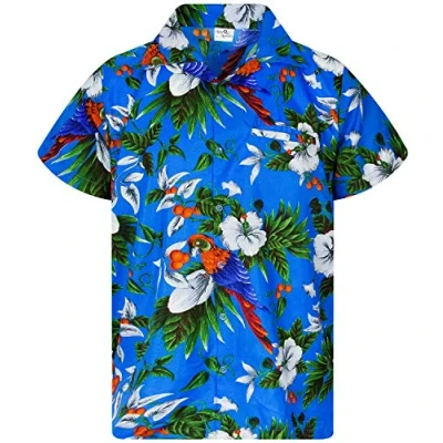 Image of King Kameha Mens Vintage Hawaiian Shirt Casual Short Sleeve Button Down Bird Designs, Cherry Parrot, Blue, L