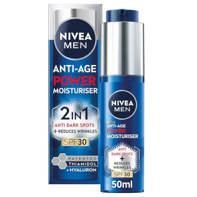 Image of NIVEA MEN Anti Age 2in1 Power Moisturiser (50ml), With SPF 30, Luminous 630, and Hyaluronic Acid for Sun Protection, Dark Spot Prevention, Younger Looking Skin