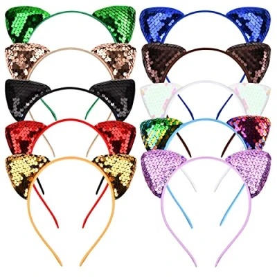 Image of Vesaneae 10 Pieces Cat Ear Hair Hoops,Hair Hoop Shiny Reversible Sequin,Cat Ears Headbands,Glitter Headband,Cat Headbands Sequins,for Women Girls Daily Life and Party Supplies