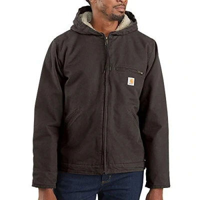 Image of Carhartt Men&#039;s Big &amp; Tall Relaxed Fit Washed Duck Sherpa Lined Jacket, Dark Brown, Large