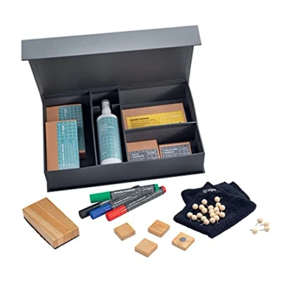 Image of SIGEL BA310 Board Starter Kit 4 non permanent markers, 25 wooden pins, square magnets, 1 eraser brush with spare strips, magnetic cleaning cloth, spray