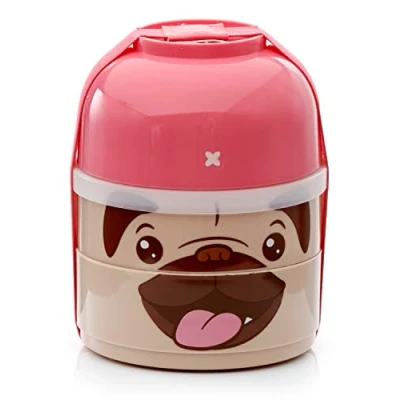 Image of Puckator Mopps Pug Stacked Round Bento Lunch Box for Adults and Kids with Compartments Snack Food Containers Lids Stackable Pots Meal Prep Container Lunchbox