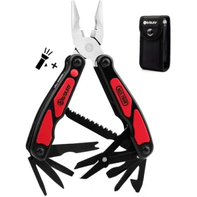 Image of BIBURY Multitool, 14 in 1 Multitools Pliers with Can Opener, Scissors, Light, Pocket Size EDC Multi Tool Nylon Pouch for Fishing, Outdoor Activities, Home Improvement, Camping Red