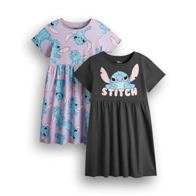 Image of Disney Lilo &amp; Stitch Girls Dress Pack of 2 Dark Grey Lavender Short Sleeve Summer Dresses Graphic Daywear Alien Cute Multi Clothing Set Movie Merchandise Gift Bundle