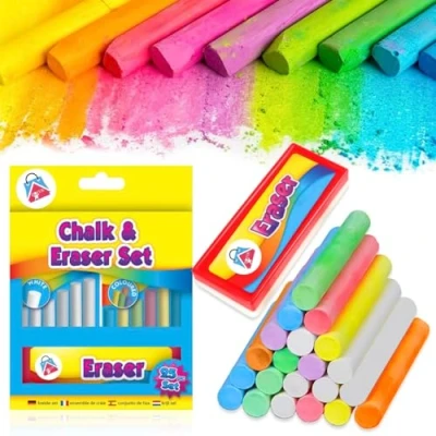 Image of HOVUK Chalk and Eraser Set for Blackboard (25Pk Set) White Coloured with Sponge Eraser, School Supplies Kids 3+Years