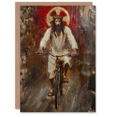 Image of Artery8 Christ on a Bike Funny Oil Painting Greeting Birthday Card Him Her All Blank