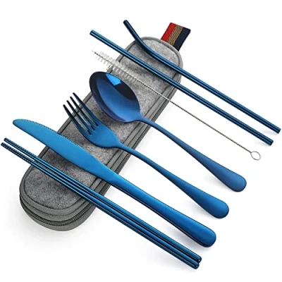 Image of DEVICO Camping Cutlery, Travel Cutlery Set with Case, Portable Stainless Steel Utensils Include Knife Fork Spoon Chopsticks Straws Brush (Blue)