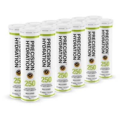 Image of Precision Hydration Lite Electrolytes Tablets Multi Strength Effervescent Tablet Low Calorie, Gluten Free, Vegan/Vegetarian Friendly, Mild Citrus Flavour (250mg/l Green, 12 Tubes)