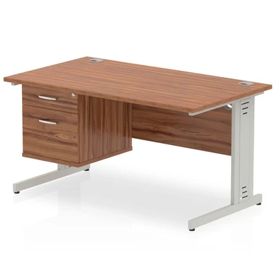 Image of Impulse 1400x800 Desk Walnut Silver Cable Managed Leg + Fixed Pedestal