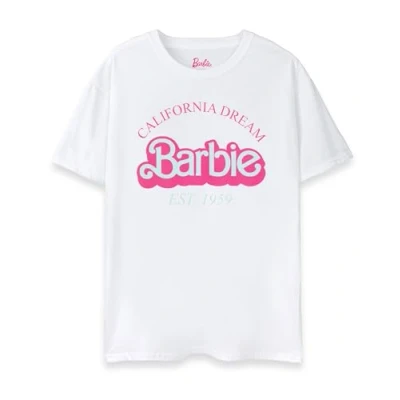 Image of Barbie Womens T Shirt Ladies California Dream Short Sleeve Graphic Tee in White Adults Classic Logo Est. 1959 Nostalgic Doll Apparel Top Film Movie Toy Merchandise Gift