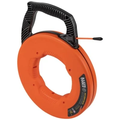 Image of KLEIN TOOLS 56383 Fish Tape, Multi Groove Fiberglass Wire Puller with Nylon Tip, Optimized Housing &amp; Handle, 100 Foot, Orange/Black