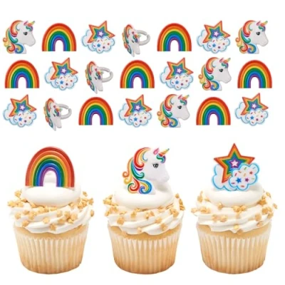 Image of Culpitt Rainbow Unicorn Rings, Cupcake Decorations, Magical Food Safe Cake Toppers, Multi Coloured 24 Pack