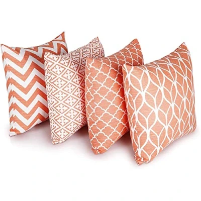 Image of Penguin Home Set of 4 100% Slub Cotton Fabric Cushion Covers 45cm x Double Sided Square Pillow with Invisible Zipper Cases for Living Room, Bedroom, Sofa (Coral)