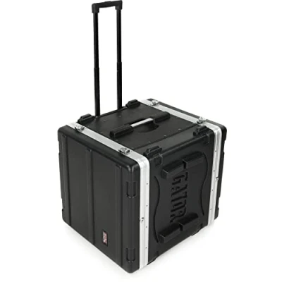 Image of Gator Cases Lightweight Molded 4U Rack Case with Built in Power Supply, Heavy Duty Latches, Retractable Tow Handle, and Recessed Wheels; 19.25&quot; depth, 10U (GRR 10PL US)