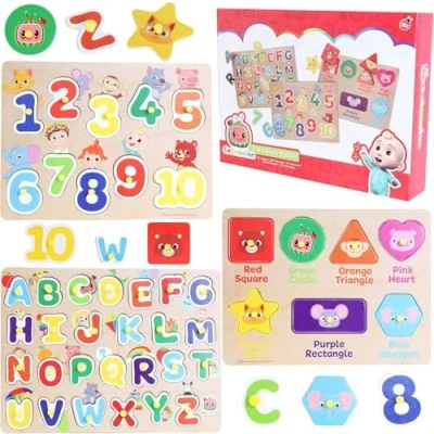 Image of Toyland® Cocomelon Pack of 3 Wooden Peg Board Puzzles Children&#039;s Learning Toddler Toys Age 18m +