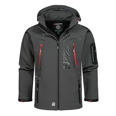 Image of Geographical Norway Techno Men Men&#039;s Waterproof Softshell Hooded Jacket Comfortable Outdoor Tactical Windbreaker Hiking Skiing Autumn Winter Spring (Dark grey red S)