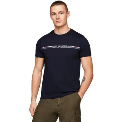 Image of Tommy Hilfiger Stripe Chest TEE Print Tshirt, Men&#039;s, Size: Small, Desert sky