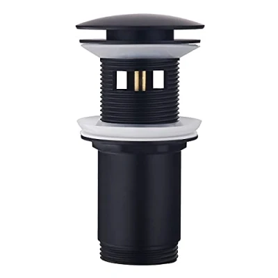 Image of Pop Up Bathroom Sink Waste Drain with Overflow, Keymark Push Open Basin Stopper Plug, Vessel Valve Set Assembly Replacement, Matte Black